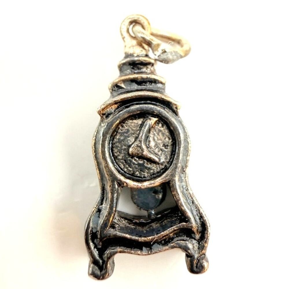 Vtg Signed 800 SF Silver Mantle Clock European Souvineer Charm Movable Pendulum